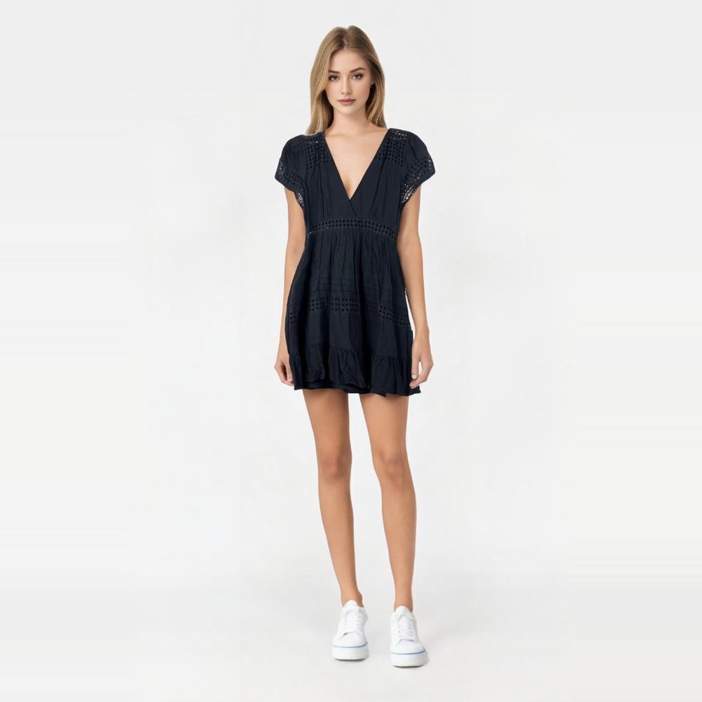 Women's Black V-Neck Short Sleeve Mini Dress